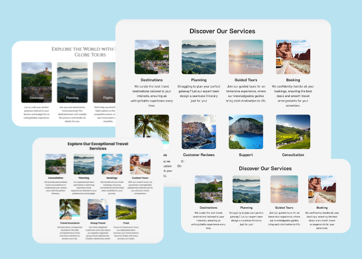 A collage of services section generated by Zarla showing different styles of service items, all having a picture, a title, and a brief description