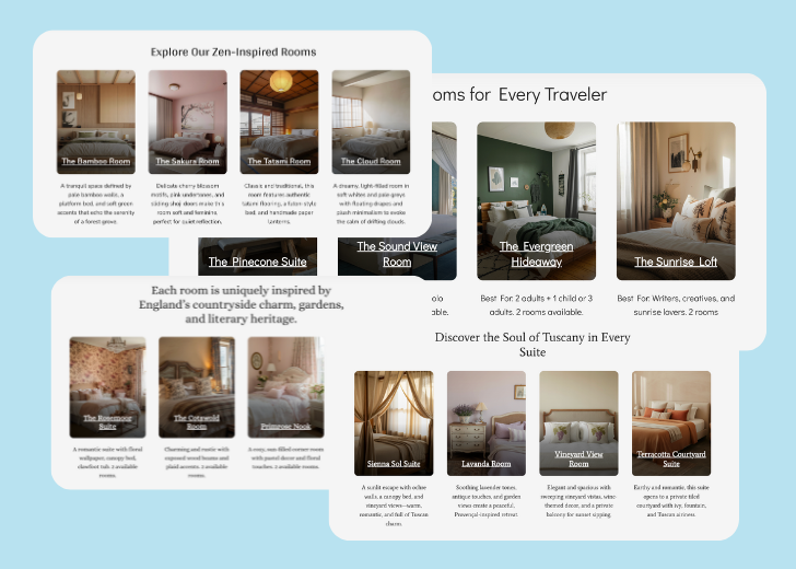 A collage of services section generated by Zarla showing different styles of service items, all having a picture, a title, and a brief description