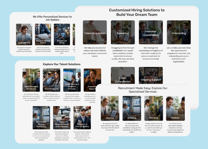 A collage of services section generated by Zarla showing different styles of service items, all having a picture, a title, and a brief description