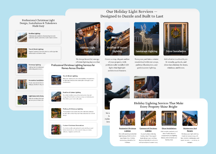 A collage of services section generated by Zarla showing different styles of service items, all having a picture, a title, and a brief description
