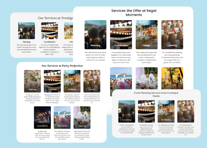 A collage of services section generated by Zarla showing different styles of service items, all having a picture, a title, and a brief description