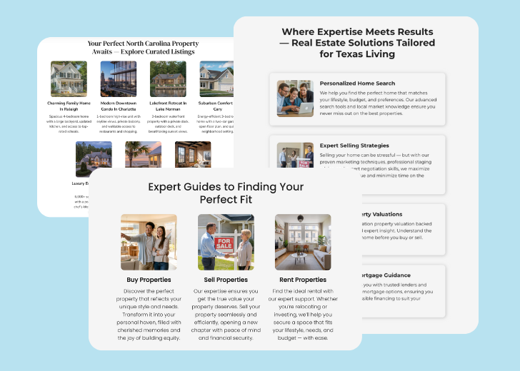A collage of services section generated by Zarla showing different styles of service items, all having a picture, a title, and a brief description