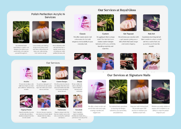 A collage of services section generated by Zarla showing different styles of service items, all having a picture, a title, and a brief description