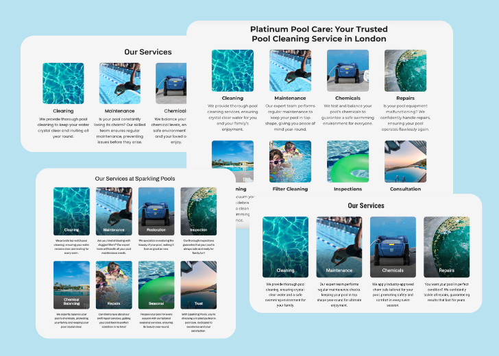 A collage of services section generated by Zarla showing different styles of service items, all having a picture, a title, and a brief description