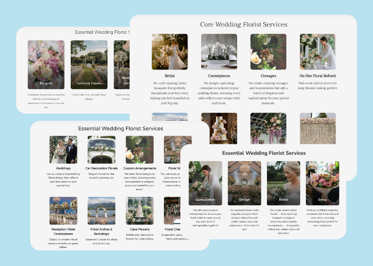A collage of services section generated by Zarla showing different styles of service items, all having a picture, a title, and a brief description