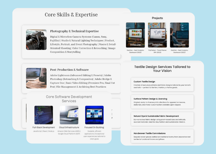 A collage of services section generated by Zarla showing different styles of service items, all having a picture, a title, and a brief description