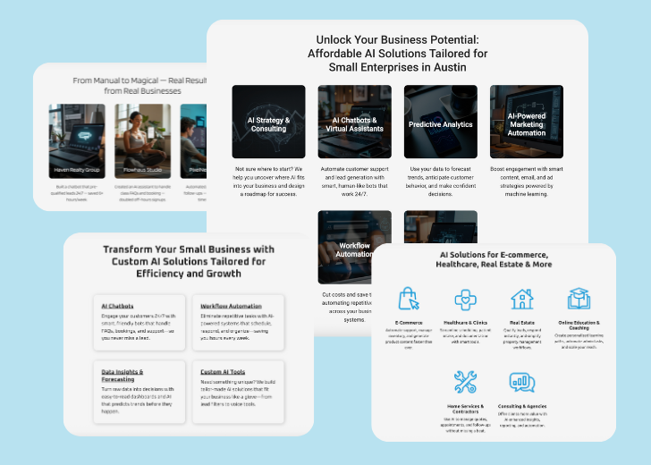 A collage of services section generated by Zarla showing different styles of service items, all having a picture, a title, and a brief description