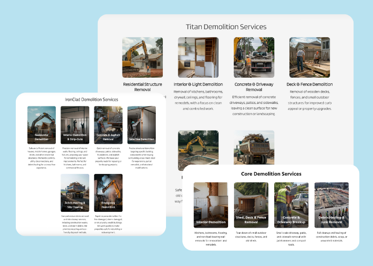 A collage of services section generated by Zarla showing different styles of service items, all having a picture, a title, and a brief description