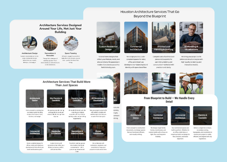 A collage of services section generated by Zarla showing different styles of service items, all having a picture, a title, and a brief description