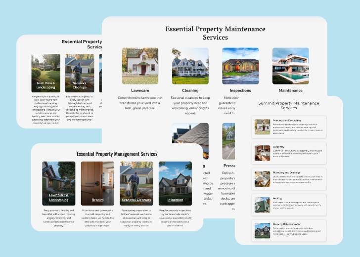A collage of services section generated by Zarla showing different styles of service items, all having a picture, a title, and a brief description