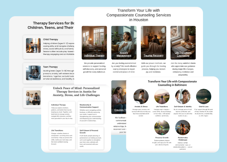 A collage of services section generated by Zarla showing different styles of service items, all having a picture, a title, and a brief description