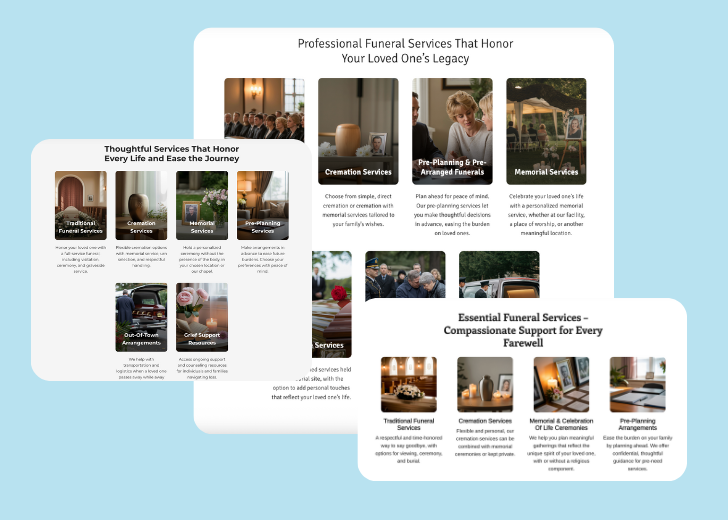 A collage of services section generated by Zarla showing different styles of service items, all having a picture, a title, and a brief description