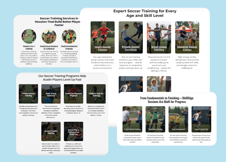 A collage of services section generated by Zarla showing different styles of service items, all having a picture, a title, and a brief description