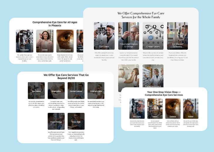A collage of services section generated by Zarla showing different styles of service items, all having a picture, a title, and a brief description