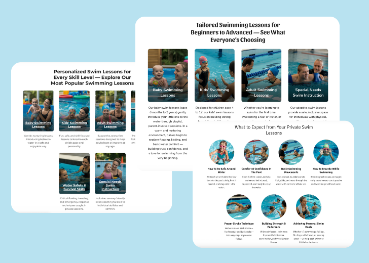 A collage of services section generated by Zarla showing different styles of service items, all having a picture, a title, and a brief description