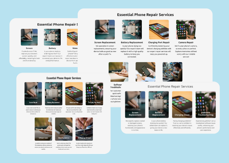A collage of services section generated by Zarla showing different styles of service items, all having a picture, a title, and a brief description
