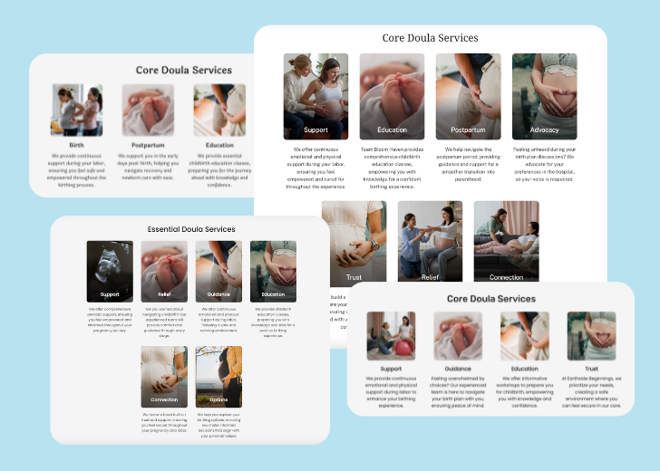 A collage of services section generated by Zarla showing different styles of service items, all having a picture, a title, and a brief description