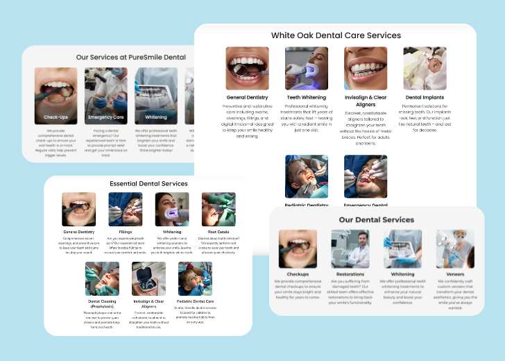 A collage of services section generated by Zarla showing different styles of service items, all having a picture, a title, and a brief description