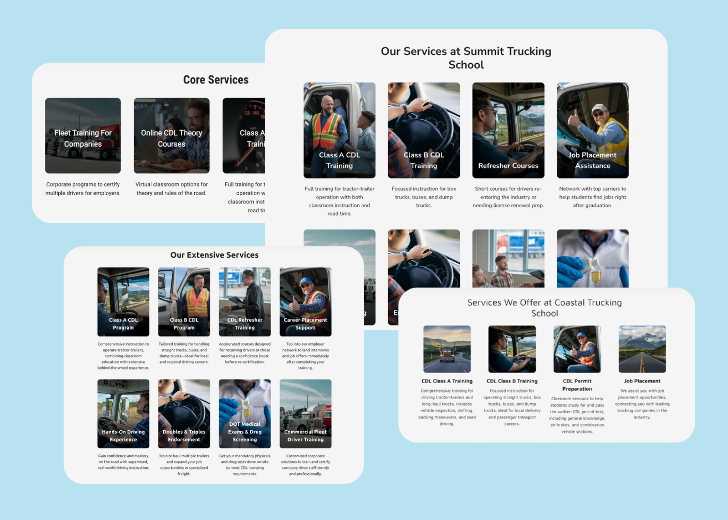 A collage of services section generated by Zarla showing different styles of service items, all having a picture, a title, and a brief description