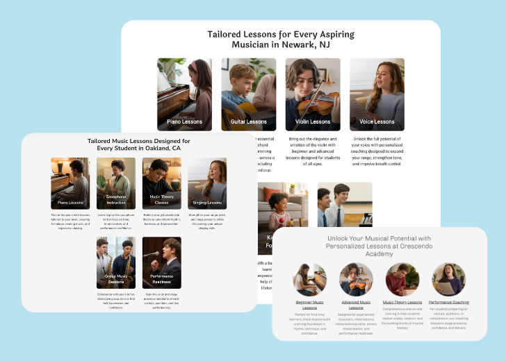 A collage of services section generated by Zarla showing different styles of service items, all having a picture, a title, and a brief description