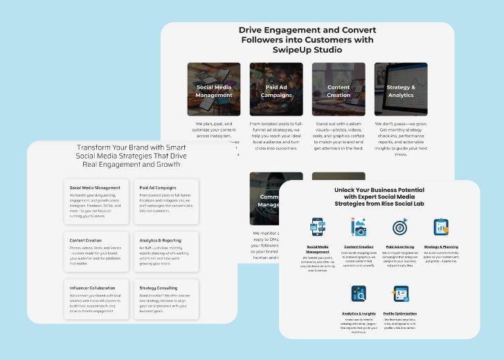 A collage of services section generated by Zarla showing different styles of service items, all having a picture, a title, and a brief description
