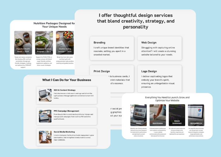 A collage of services section generated by Zarla showing different styles of service items, all having a picture, a title, and a brief description