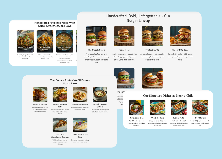 A collage of services section generated by Zarla showing different styles of service items, all having a picture, a title, and a brief description