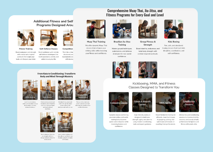 A collage of services section generated by Zarla showing different styles of service items, all having a picture, a title, and a brief description