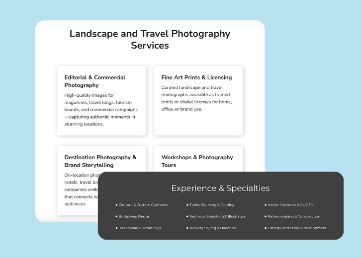 A collage of services section generated by Zarla showing different styles of service items, all having a picture, a title, and a brief description