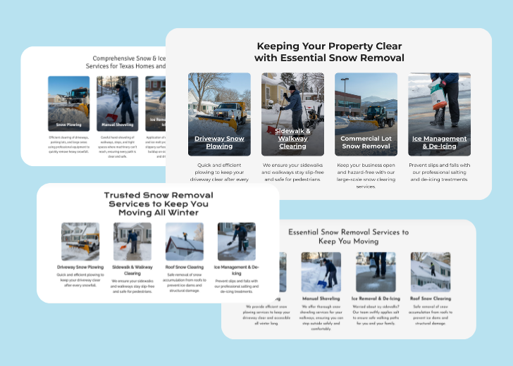 A collage of services section generated by Zarla showing different styles of service items, all having a picture, a title, and a brief description