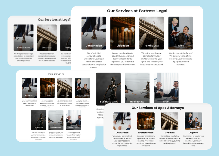 A collage of services section generated by Zarla showing different styles of service items, all having a picture, a title, and a brief description