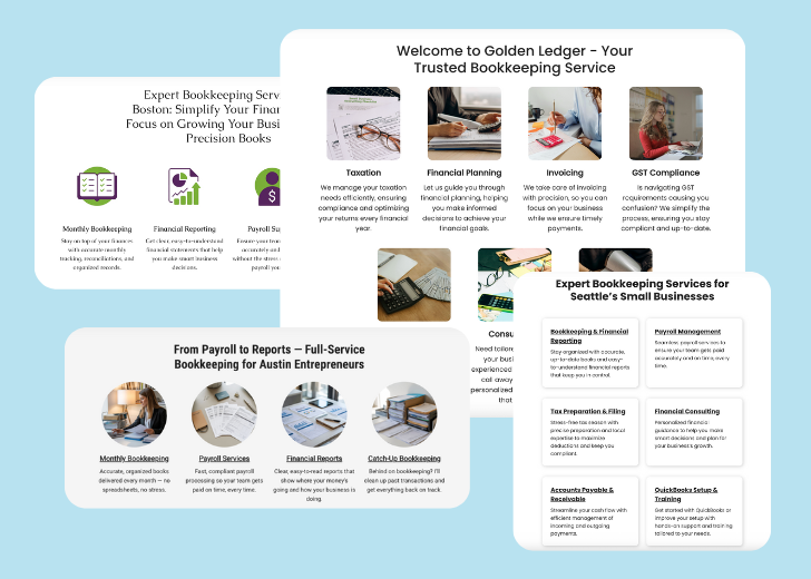 A collage of services section generated by Zarla showing different styles of service items, all having a picture, a title, and a brief description