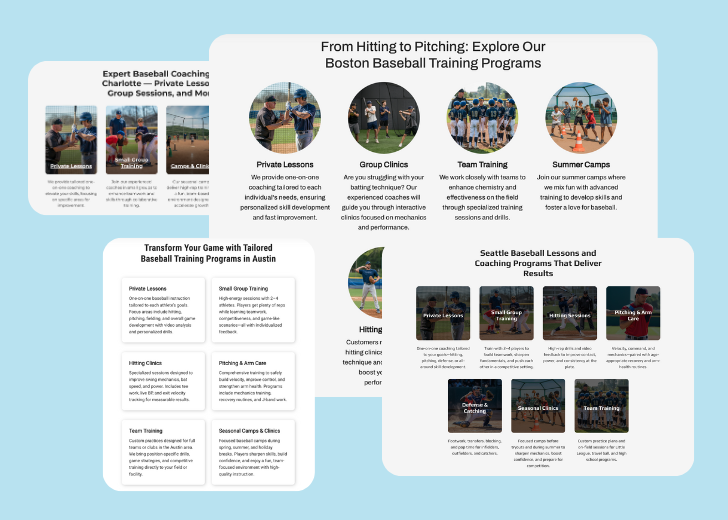 A collage of services section generated by Zarla showing different styles of service items, all having a picture, a title, and a brief description