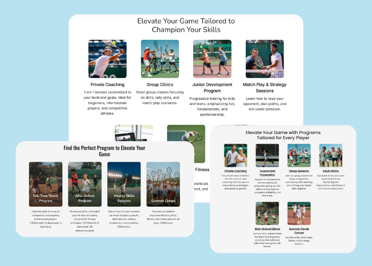 A collage of services section generated by Zarla showing different styles of service items, all having a picture, a title, and a brief description