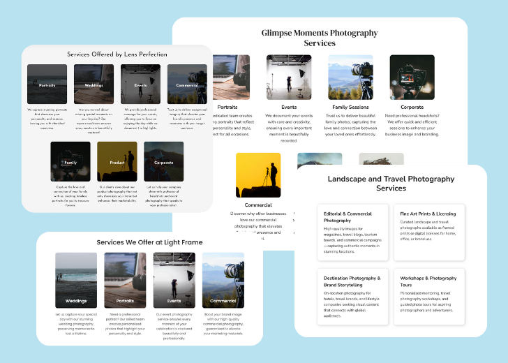 A collage of services section generated by Zarla showing different styles of service items, all having a picture, a title, and a brief description