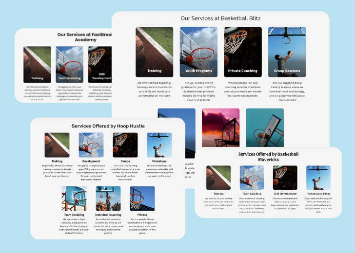 A collage of services section generated by Zarla showing different styles of service items, all having a picture, a title, and a brief description