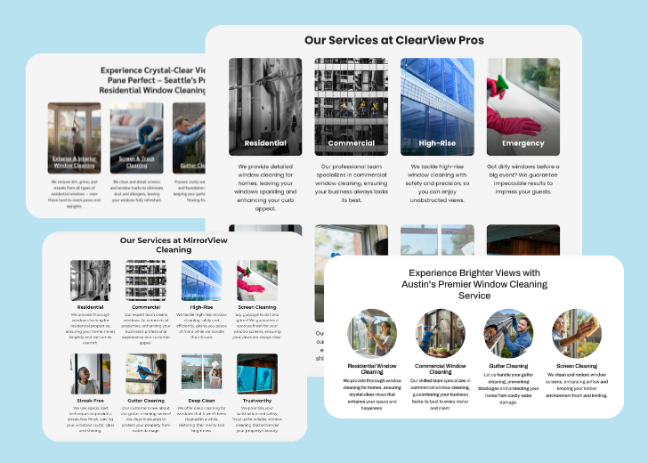 A collage of services section generated by Zarla showing different styles of service items, all having a picture, a title, and a brief description