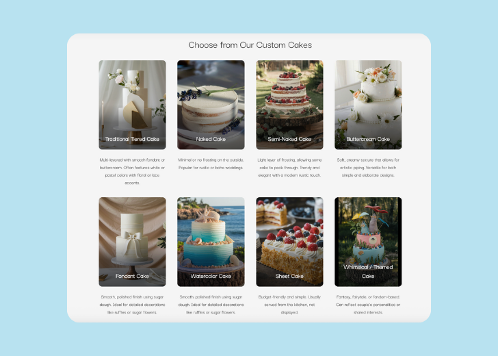 A collage of services section generated by Zarla showing different styles of service items, all having a picture, a title, and a brief description