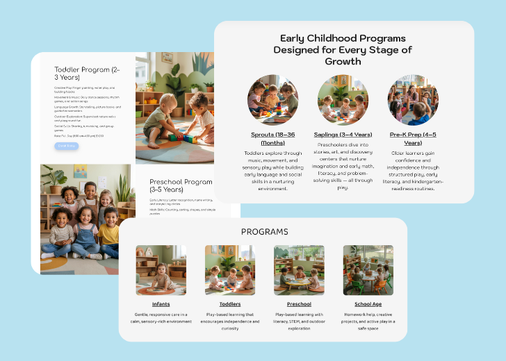 A collage of services section generated by Zarla showing different styles of service items, all having a picture, a title, and a brief description