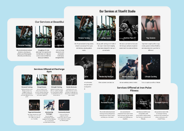 A collage of services section generated by Zarla showing different styles of service items, all having a picture, a title, and a brief description