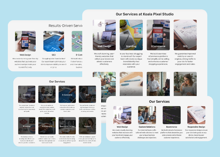 A collage of services section generated by Zarla showing different styles of service items, all having a picture, a title, and a brief description