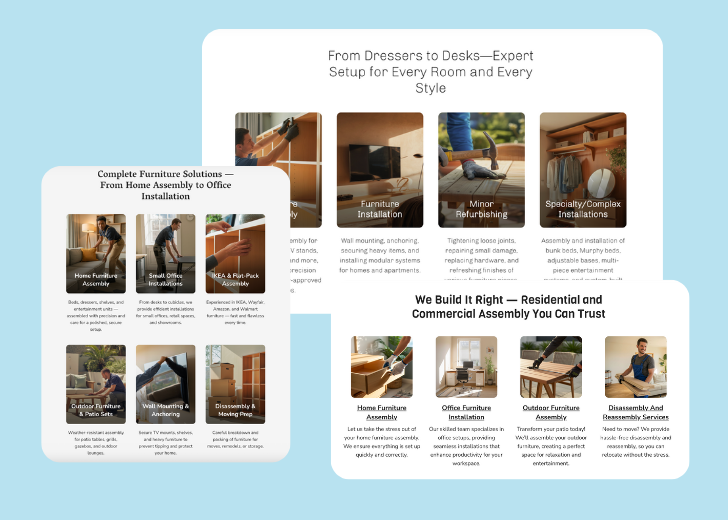 A collage of services section generated by Zarla showing different styles of service items, all having a picture, a title, and a brief description