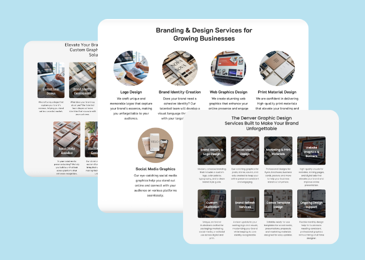 A collage of services section generated by Zarla showing different styles of service items, all having a picture, a title, and a brief description