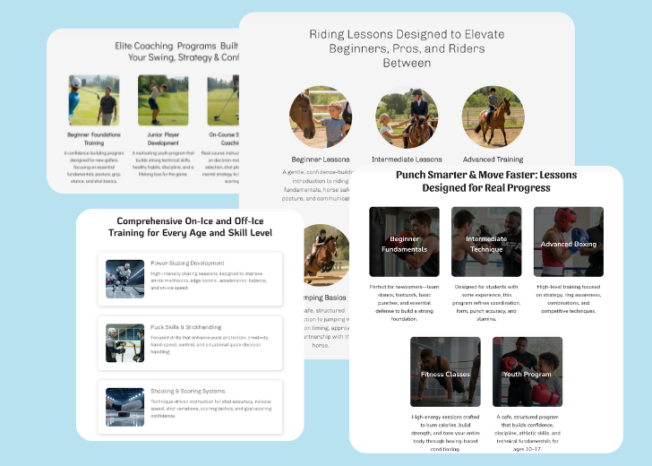 A collage of services section generated by Zarla showing different styles of service items, all having a picture, a title, and a brief description