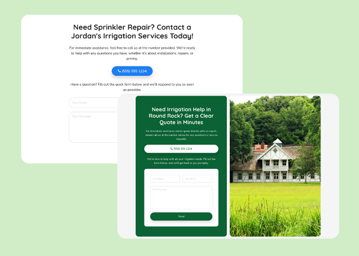 Screenshot of a contact form titled 'Get in touch' with a blue-colored primary button with a contact number, with input fields for Name, Email, and Message