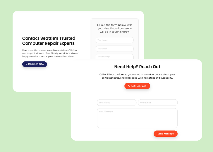 Screenshot of a contact form titled 'Get in touch' with a blue-colored primary button with a contact number, with input fields for Name, Email, and Message