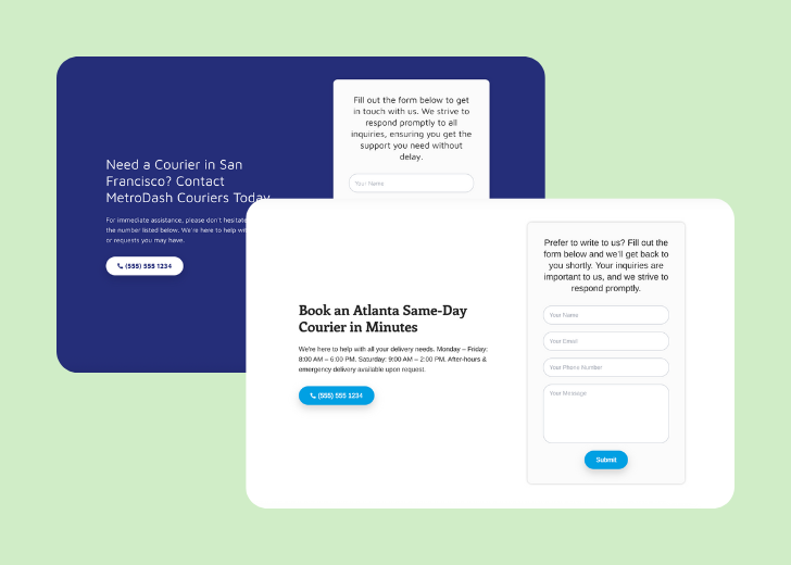 Screenshot of a contact form titled 'Get in touch' with a blue-colored primary button with a contact number, with input fields for Name, Email, and Message