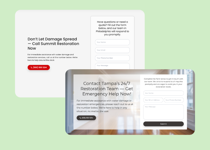 Screenshot of a contact form titled 'Get in touch' with a blue-colored primary button with a contact number, with input fields for Name, Email, and Message