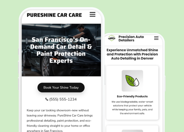 Revive Detailing and Spotless Touch landing pages in two smartphones, side by side, showing mobile view of the websites