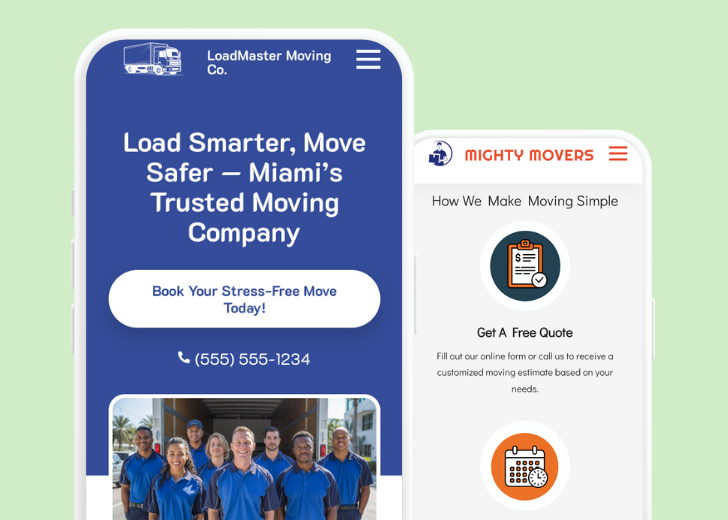 Revive Detailing and Spotless Touch landing pages in two smartphones, side by side, showing mobile view of the websites